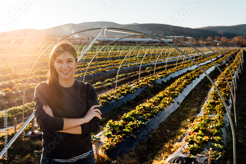 Canvas Print Woman farmer agronomist inspecting strawberry crops growing in the fruit farm field
