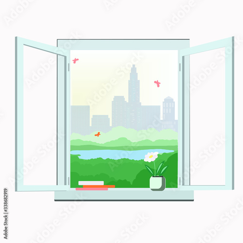 Window on the street with a view of the city Park