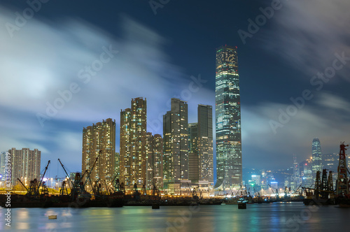 Night scene of skyline and harbor of Hong Kong city