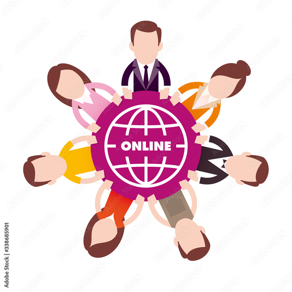 Vector different people sitting at a round table. Symbolizing online communication. Isolated on white background. Vector different people sitting at a round table. Symbolizing online communication. Isolated on white background.