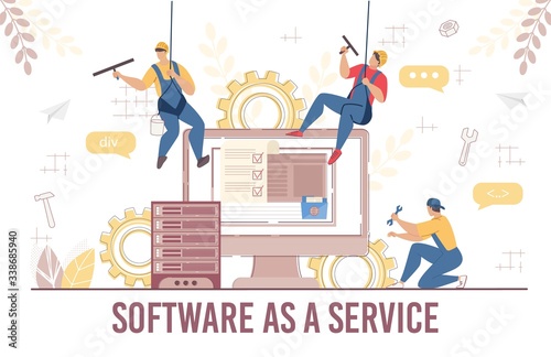 Software Service System Development Update Test. Man Technician Programmer Hanged on Rope Updating Operation in Computing and Installation Program. Server Database Rack, Computer. Vector Illustration
