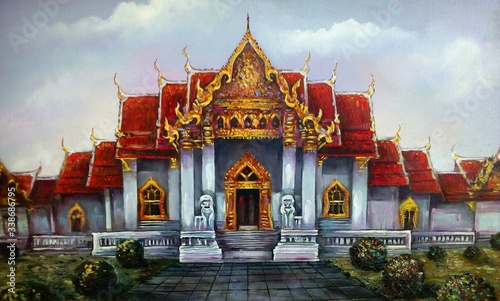 Art painting Oil color Background Wat Benchamabophit temple thailand   The Marble Temple