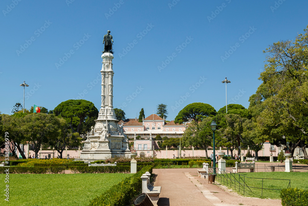 Albuquerque monument at the Garden of Alfonso de Albuquerque and Belem Palace in Belem district in Lisbon, Portugal, on a sunny day in the summer.