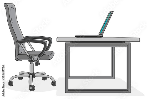 Office easy chair and a stylish designed desk with an open laptop, vector cartoon illustration on a white background
