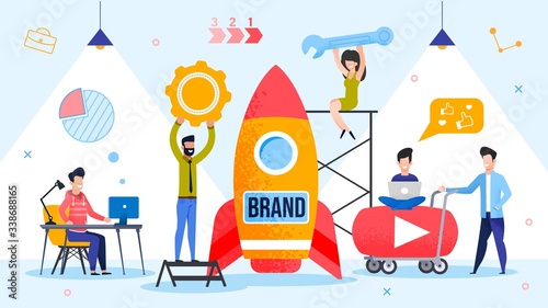Brand Spaceship Rocket Launching. Successful Product Startup Process. People Marketer Team Using Branding Technology and Strategically Important Tool. Final Countdown. Metaphor Vector Illustration