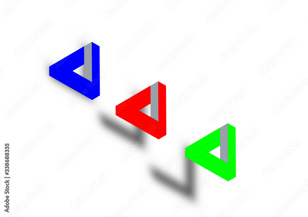 Penrose triangle icon in three colors neon. Geometric 3D object optical illusion. illustration. Penrose triangle icon in three colors neon. Geometric 3D object optical illusion. illustration.