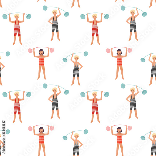 Beautiful seamless pattern with cute fitness people. Stock illustration