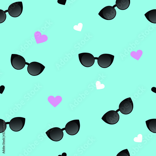 Black glasses and hearts on a blu background. Seamless beautiful fashionable pattern. For fabric, design, wallpaper, textile, cards. Vector background