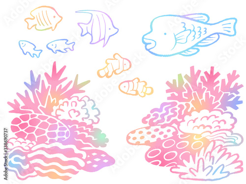 サンゴ礁と熱帯魚の手描きイラストセット（グラデーション）