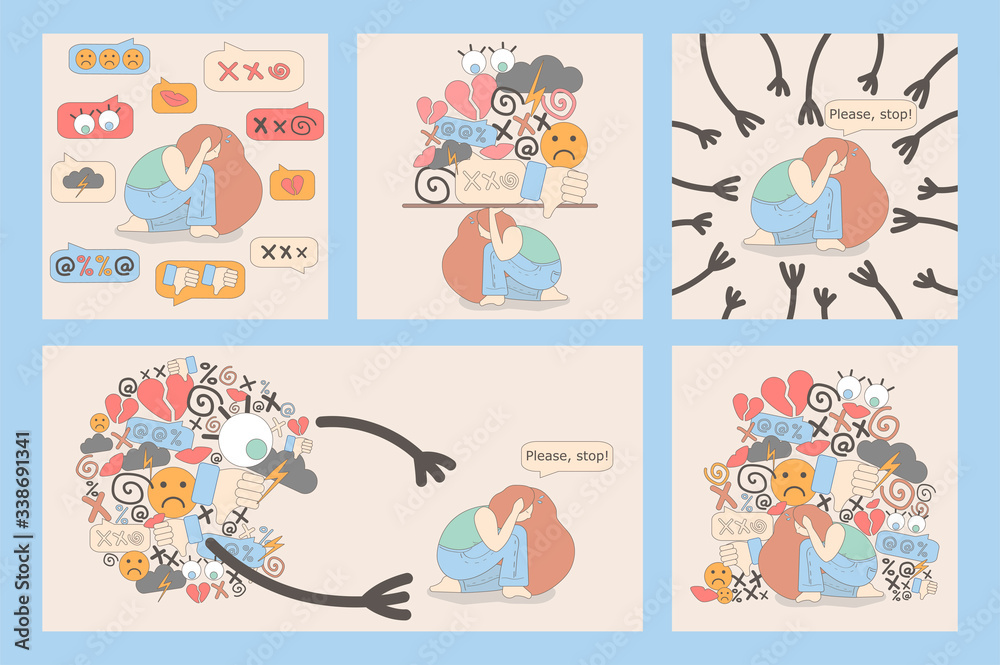 Fototapeta premium set of five cyberbullying Illustrations with a scared woman