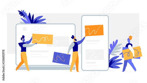 Un team di designer crea la grafica per siti web, applicazione mobile, interfaccia utente