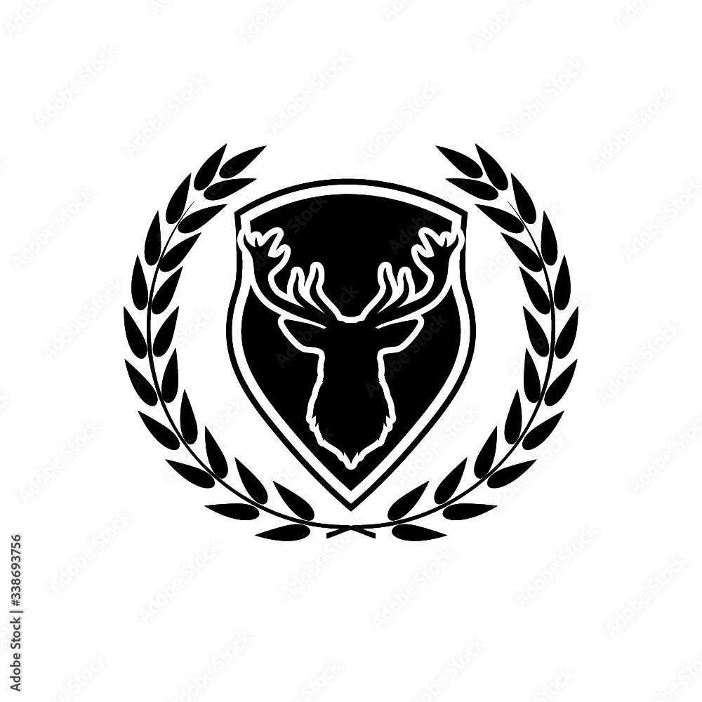 Fototapeta premium Deer head with antlers on shield icon isolated on white background. Hunting trophy on wall sign