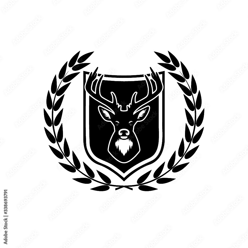 Fototapeta premium Deer head with antlers on shield icon isolated on white background. Hunting trophy on wall sign