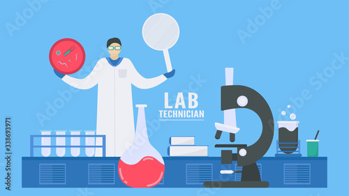 In hospital, lab technician works with complex systems or diagnostic tests in medical or scientific laboratories. A workflow part of patient care. Flat design.