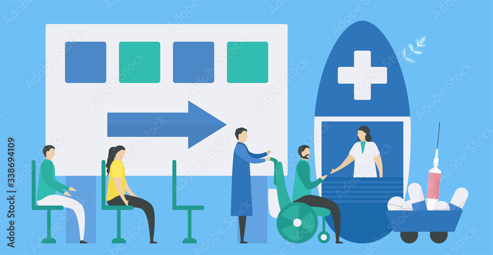 Patients are waiting to pick up medicines from pharmacist. Workflow of patient care. Vector illustration in flat tiny style. Patients are waiting to pick up medicines from pharmacist. Workflow of patient care. Vector illustration in flat tiny style.