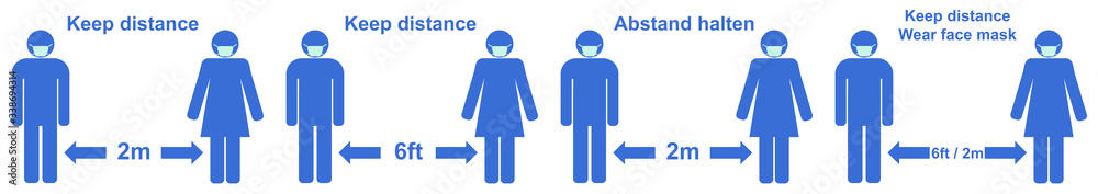 Keep distance sign. To stop spread of Covid-19 / Coronavirus. Male and ...