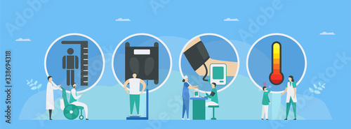 Primary medical measurements include height, weight, pressure and temperature. Workflow of patient care. Vector illustration in tiny style.