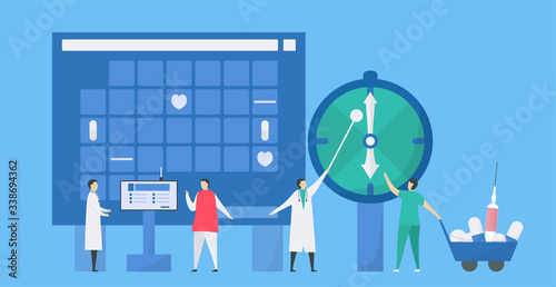 Time planning for appointment with doctor. Medical checkup of heart. Getting medicine. Workflow of patient care. Vector illustration in tiny style.