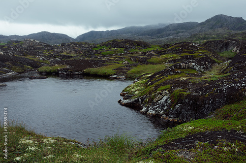 Majestic cold arctic black granite mountains with green lichen, moss and swamp, dark lake and low grey clouds in rainy weather, arctic landscape.