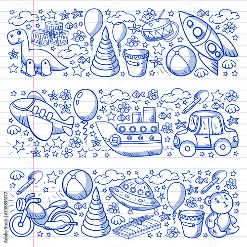 Baby toy set. Vector flat style cartoon illustration. Wooden and plastic toys, fun and activity. Kindergarten, nursery.