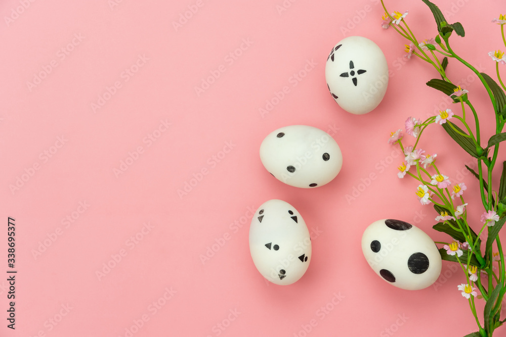 Top view aerial image of decoration & symbol Happy Easter holiday background concept.Flat lay accessory bunny eggs & floral on modern beautiful pink paper at home office desk.Free space for design. Top view aerial image of decoration & symbol Happy Easter holiday background concept.Flat lay accessory bunny eggs & floral on modern beautiful pink paper at home office desk.Free space for design.