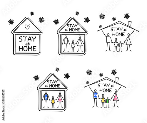 Stay at home lettering and family staying at home to reduce risk of infection and spreading the virus. Set of vector graphic images. Quarantine or self-isolation, protection campaign from coronavirus
