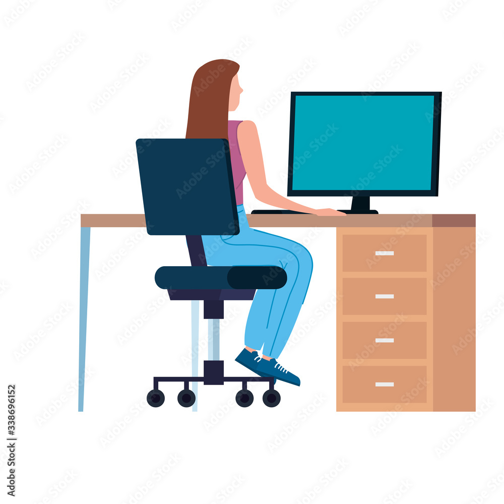beautiful woman with desk in workplace vector illustration design