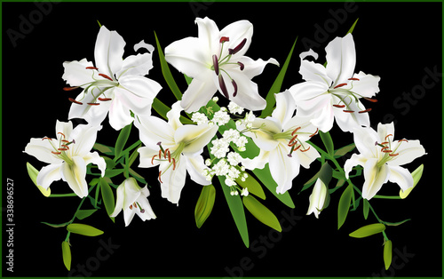 bunch of isolated on black large white lilies and small flowers
