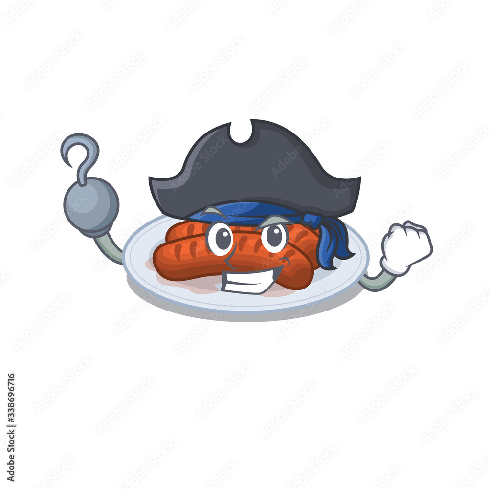 Grilled sausage cartoon design style as a Pirate with hook hand and a hat
