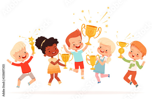 Team of cute children won the competition. Boys and girls won the gold cup and rejoice in victory. Teamwork concept for kids