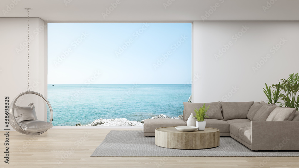 Ilustracja Stock: Sofa on wooden floor of large living room in modern house  or luxury hotel. Minimal home interior 3d rendering with sky and sea view.  | Adobe Stock