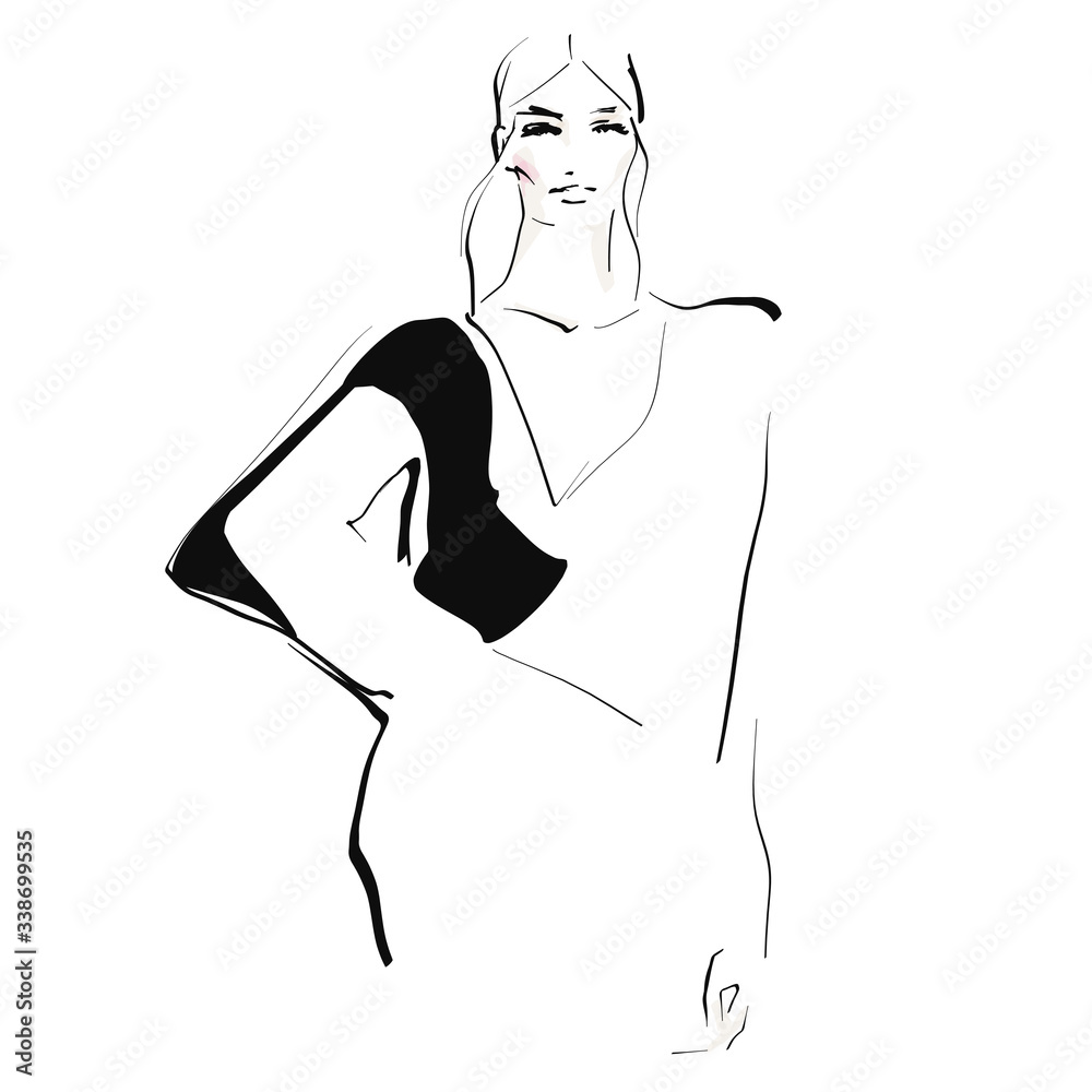 Young beautiful woman, model. Fashion illustration in sketch style ...