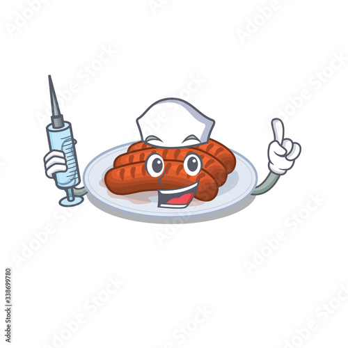 A nice nurse of grilled sausage mascot design concept with a syringe