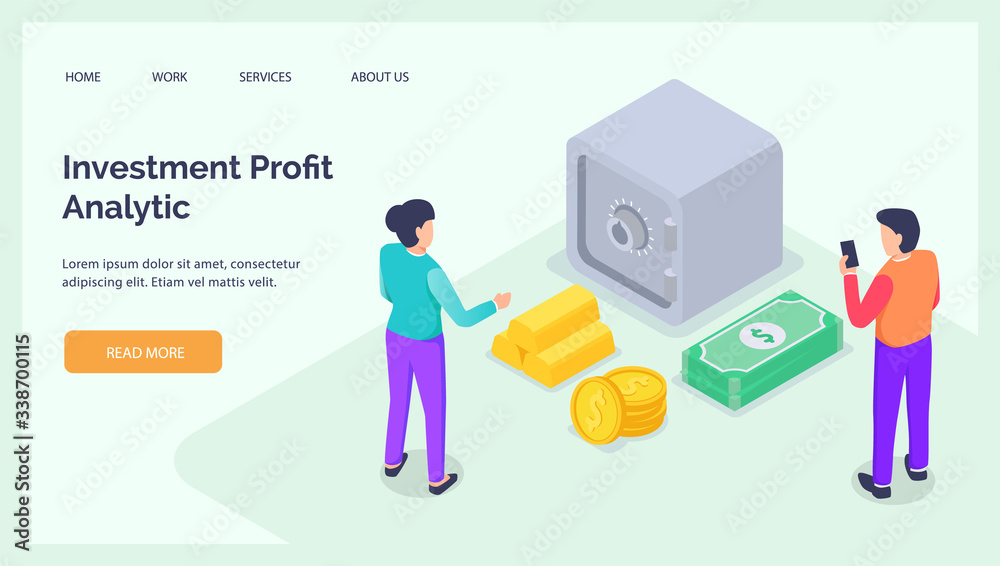 investment profit analysis with some money box deposit for website landing homepage template banner isometric