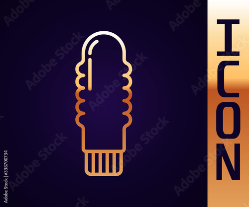 Gold line Dildo vibrator for sex games icon isolated on black background. Sex toy for adult. Vaginal exercise machines for intimate.  Vector Illustration