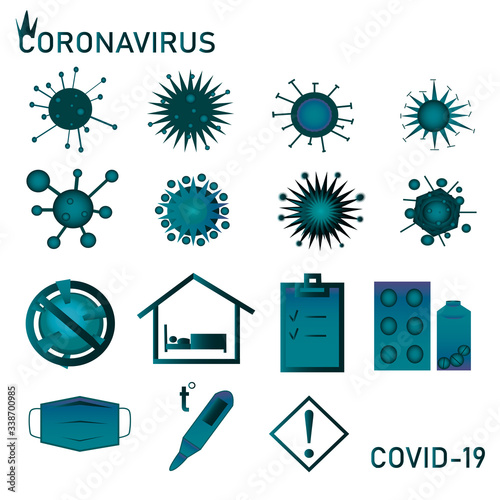 Icons on the theme of coronavirus. Gradient Icons. Theme of medicine and ecology. Icons on the theme covid 19. Medical signs. Virus icon. photo