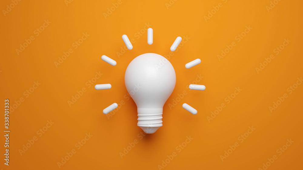 Light bulb idea concept top view on orenge background. 3D rendering - obrazy, fototapety, plakaty 