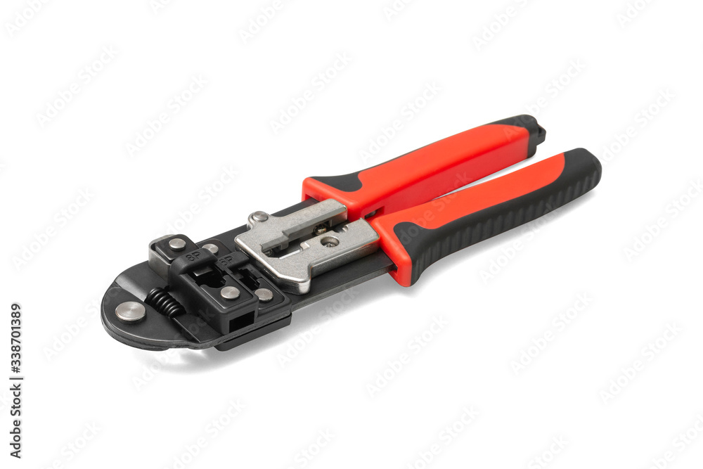 Crimping tool on a white background. Internet tool. Tool for electrician fitter or Builder. Isolated Crimping tool on a white background. Internet tool. Tool for electrician fitter or Builder. Isolated
