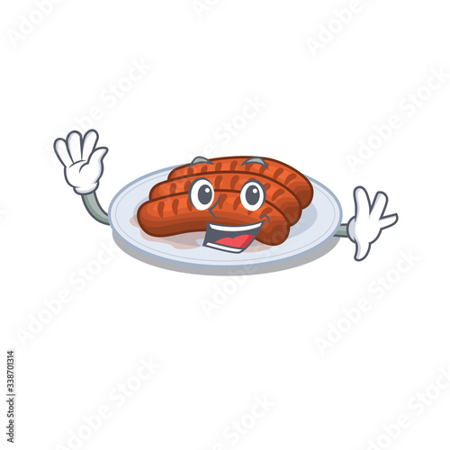 A charismatic grilled sausage mascot design style smiling and waving hand