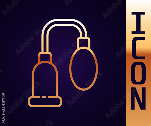 Gold line Penis pump icon isolated on black background. Penis enlarger. Sex toy for men. Vacuum pump with a blower to increase the penis.  Vector Illustration