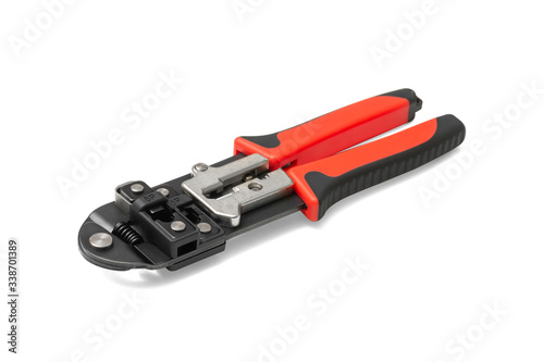 Crimping tool on a white background. Internet tool. Tool for electrician fitter or Builder. Isolated