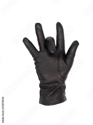 Isolated woman's hand wearing a black leather glove palm up, with the middle finger only turned down