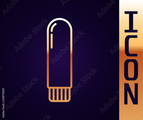 Gold line Dildo vibrator for sex games icon isolated on black background. Sex toy for adult. Vaginal exercise machines for intimate.  Vector Illustration