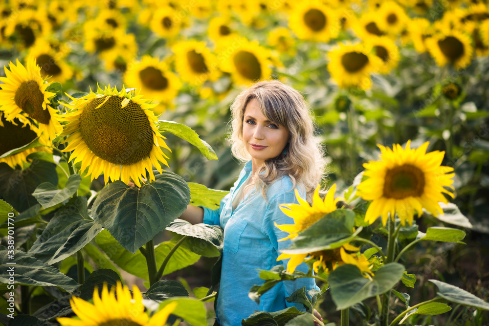 Blonde woman in blue shirt looking away in sunflowers field. Carefree beautiful woman enjoying freedom in beautiful nature environment. Scenic summer landscape. Close to nature concept Blonde woman in blue shirt looking away in sunflowers field. Carefree beautiful woman enjoying freedom in beautiful nature environment. Scenic summer landscape. Close to nature concept