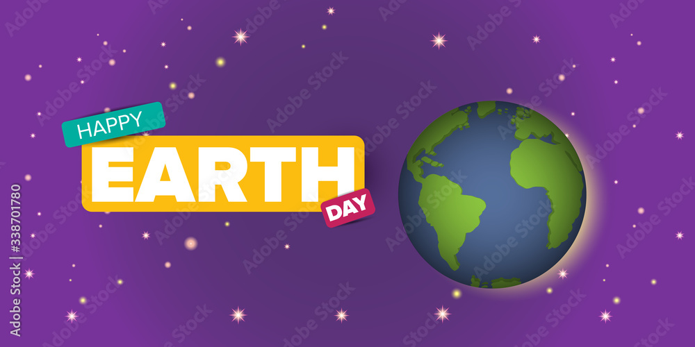 Fototapeta premium World earth day horizontal banner with earth globe isolated on violet space background with stars. Vector World earth day concept horizontal illustration with planet isolated on black background