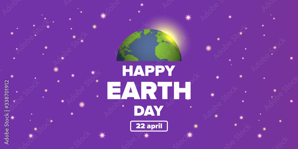 World earth day horizontal banner with earth globe isolated on violet space background with stars. Vector World earth day concept horizontal illustration with planet isolated on black background