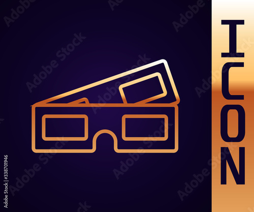 Gold line 3D cinema glasses icon isolated on black background.  Vector Illustration