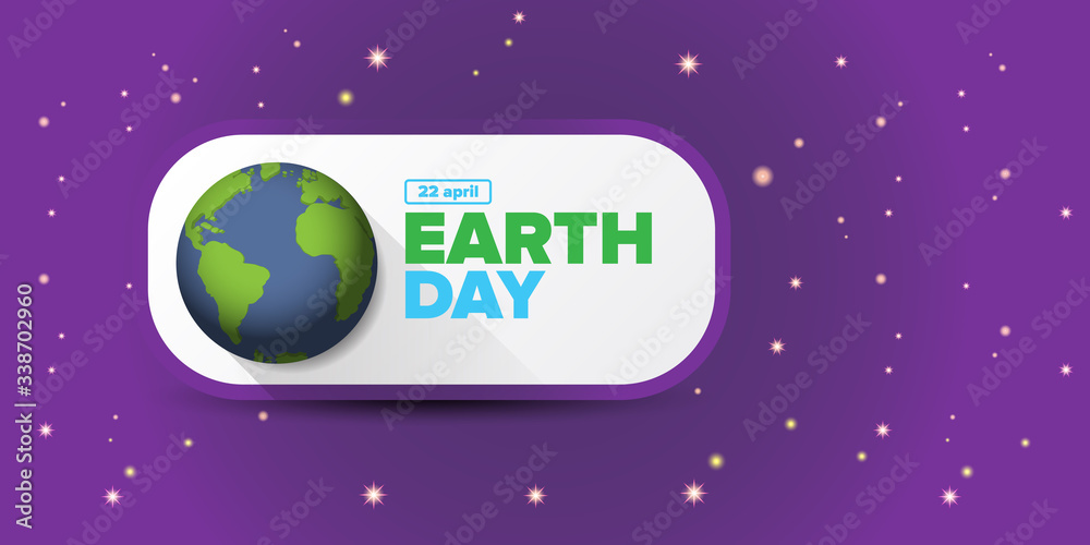 World earth day horizontal banner with earth globe isolated on violet space background with stars. Vector World earth day concept horizontal illustration with planet isolated on black background World earth day horizontal banner with earth globe isolated on violet space background with stars. Vector World earth day concept horizontal illustration with planet isolated on black background