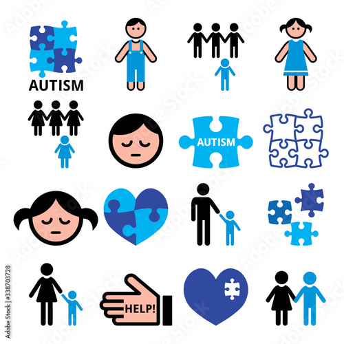 Autism awareness puzzles, autistic children vector blue icons set - health concept
