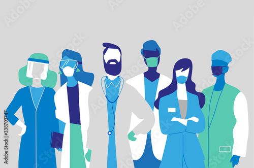 Squadra di medici e infermieri uomini e donne che indossano le mascherine photo